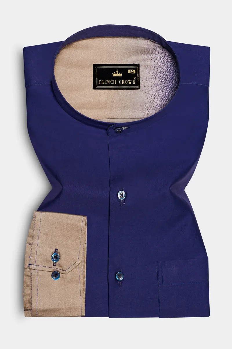 Serenehorizon-Indigo Blue And Sandrift Brown Gradient Printed Subtle Sheen Super Soft Premium Cotton Shirt 5