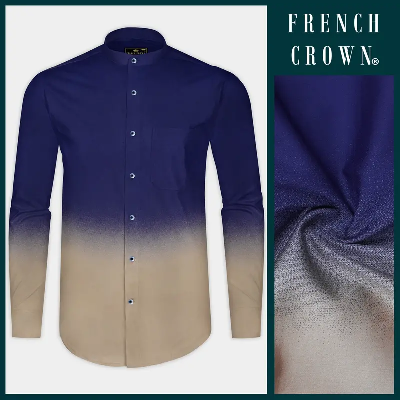 Serenehorizon-Indigo Blue And Sandrift Brown Gradient Printed Subtle Sheen Super Soft Premium Cotton Shirt 9
