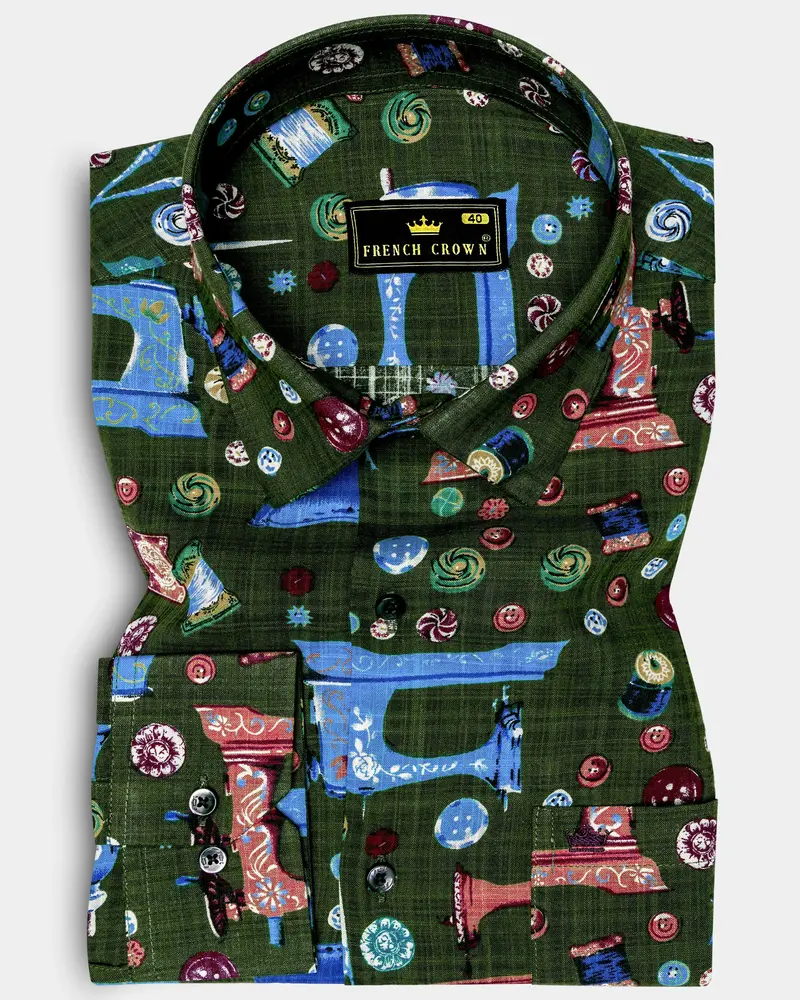Sewvivid-Myrtle Green And Lochmara Blue Sewing Machine Printed Lightweight Premium Cotton Casual Shirt 1