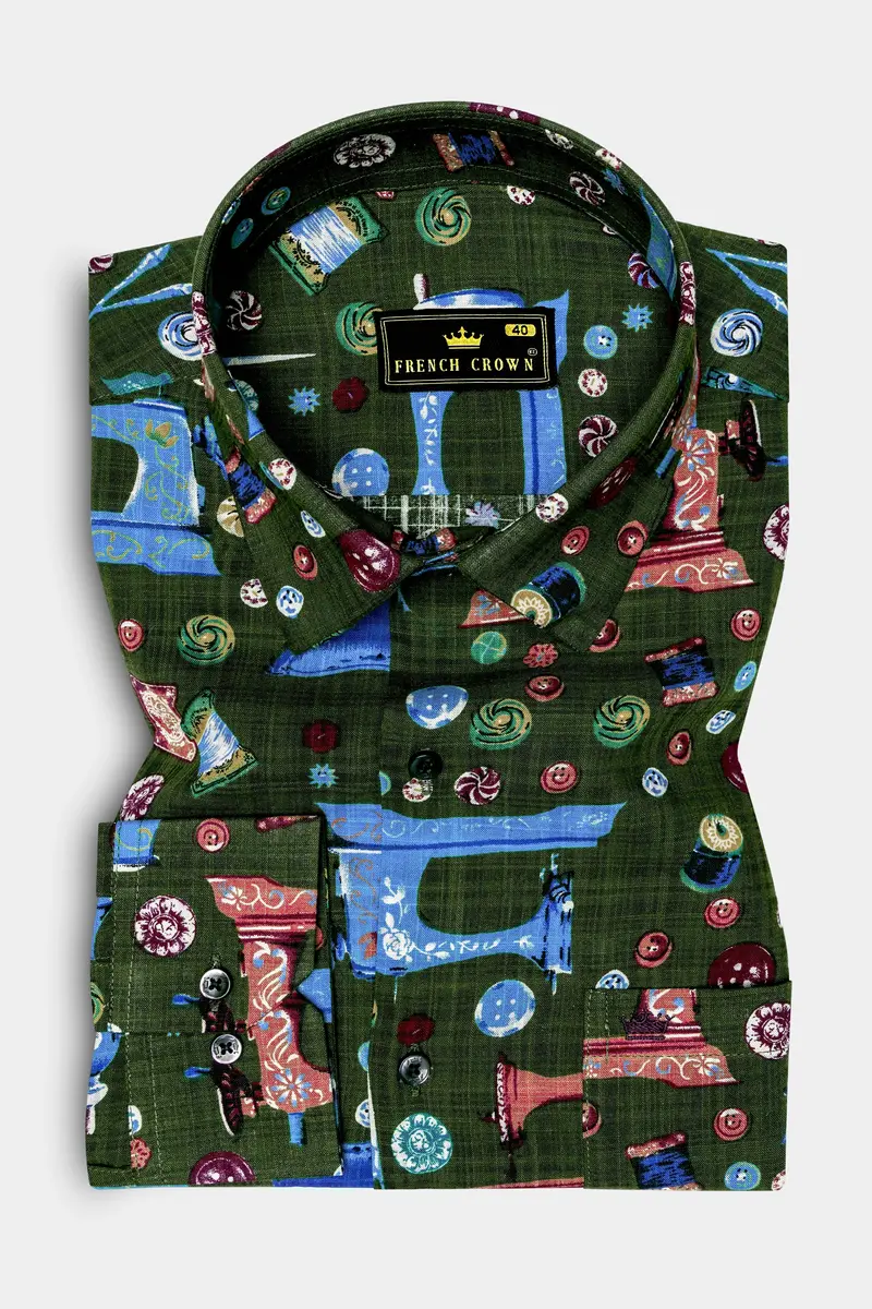 Sewvivid-Myrtle Green And Lochmara Blue Sewing Machine Printed Lightweight Premium Cotton Casual Shirt 2