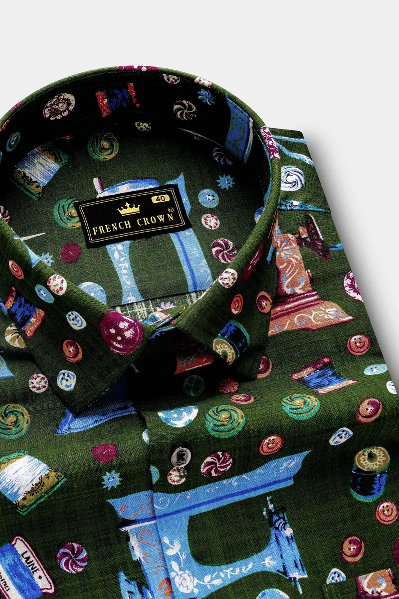 Sewvivid-Myrtle Green And Lochmara Blue Sewing Machine Printed Lightweight Premium Cotton Casual Shirt 4