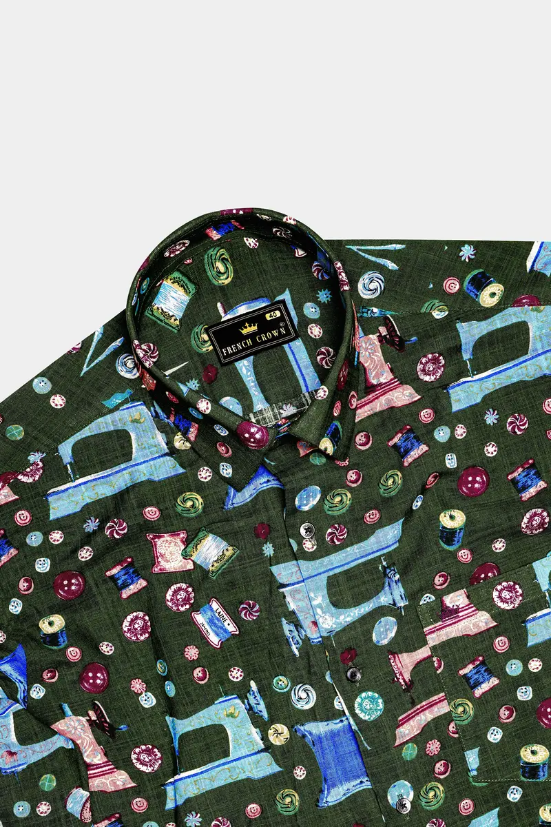 Sewvivid-Myrtle Green And Lochmara Blue Sewing Machine Printed Lightweight Premium Cotton Casual Shirt 5