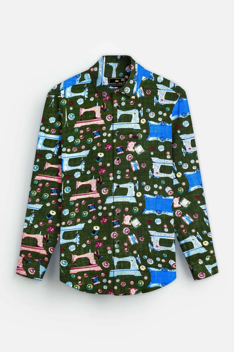 Sewvivid-Myrtle Green And Lochmara Blue Sewing Machine Printed Lightweight Premium Cotton Casual Shirt 6