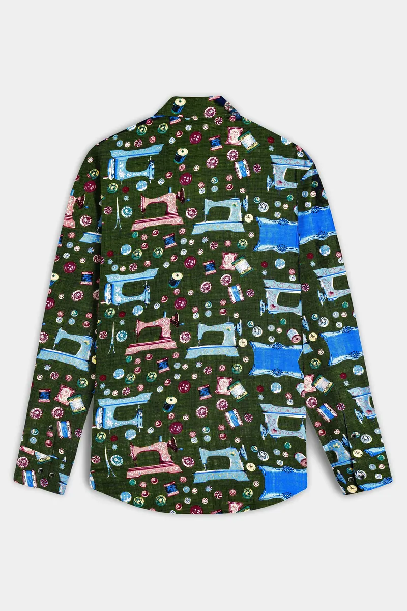 Sewvivid-Myrtle Green And Lochmara Blue Sewing Machine Printed Lightweight Premium Cotton Casual Shirt 7