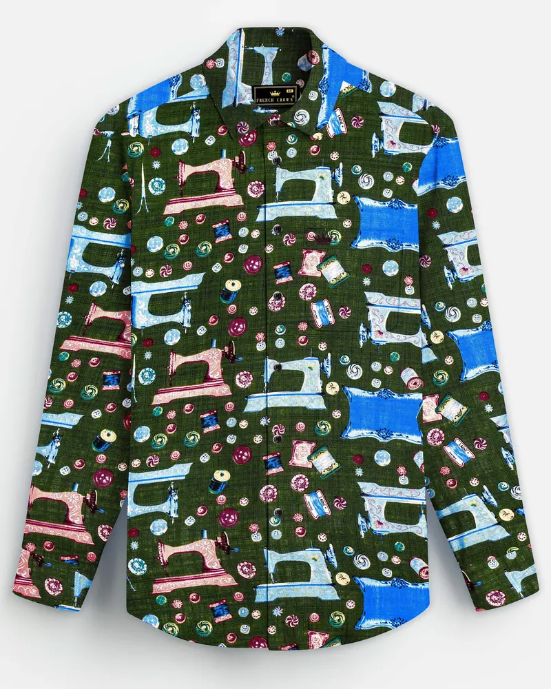 Sewvivid-Myrtle Green And Lochmara Blue Sewing Machine Printed Lightweight Premium Cotton Casual Shirt 8