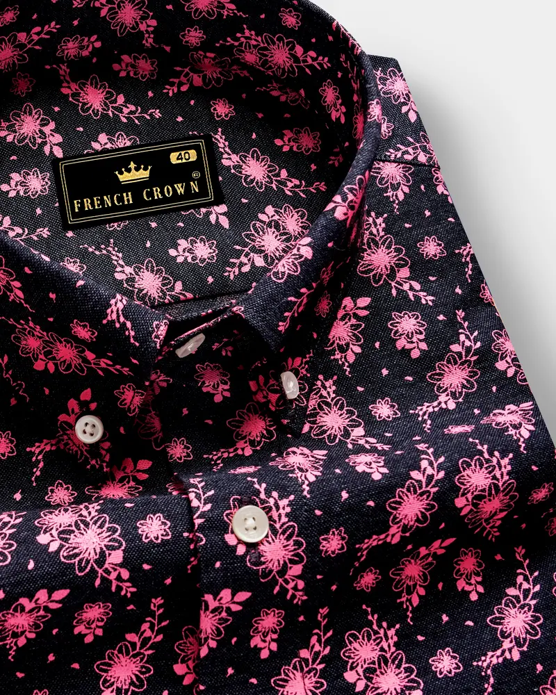 Shadow Petals-Jade Black And Carnation Pink Floral Printed Oxford Premium Cotton Casual Shirt 1