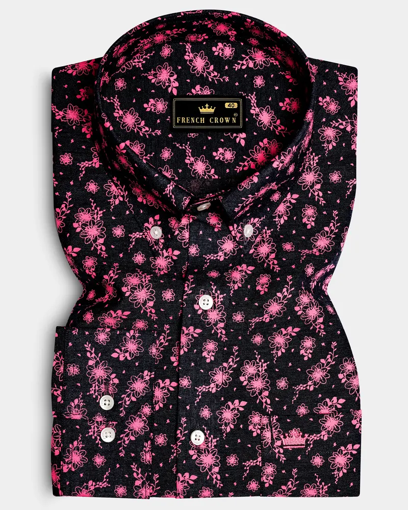 Shadow Petals-Jade Black And Carnation Pink Floral Printed Oxford Premium Cotton Casual Shirt 10