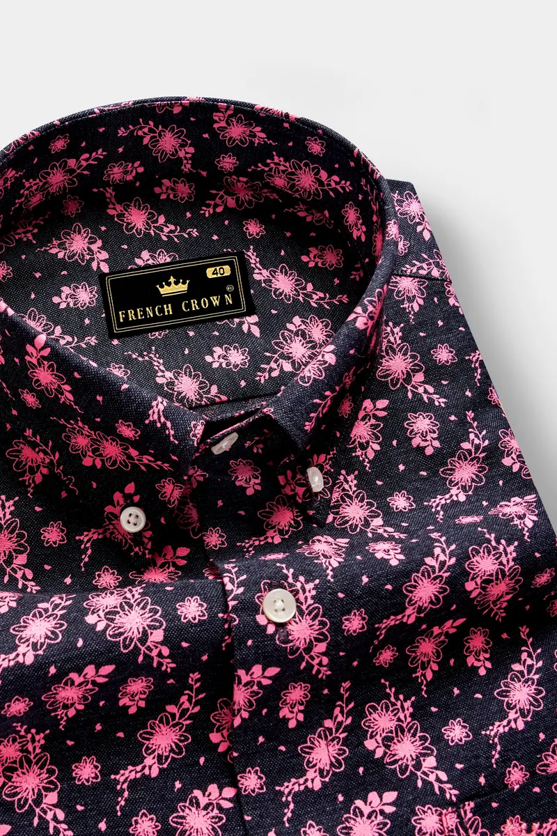 Shadow Petals-Jade Black And Carnation Pink Floral Printed Oxford Premium Cotton Casual Shirt 2