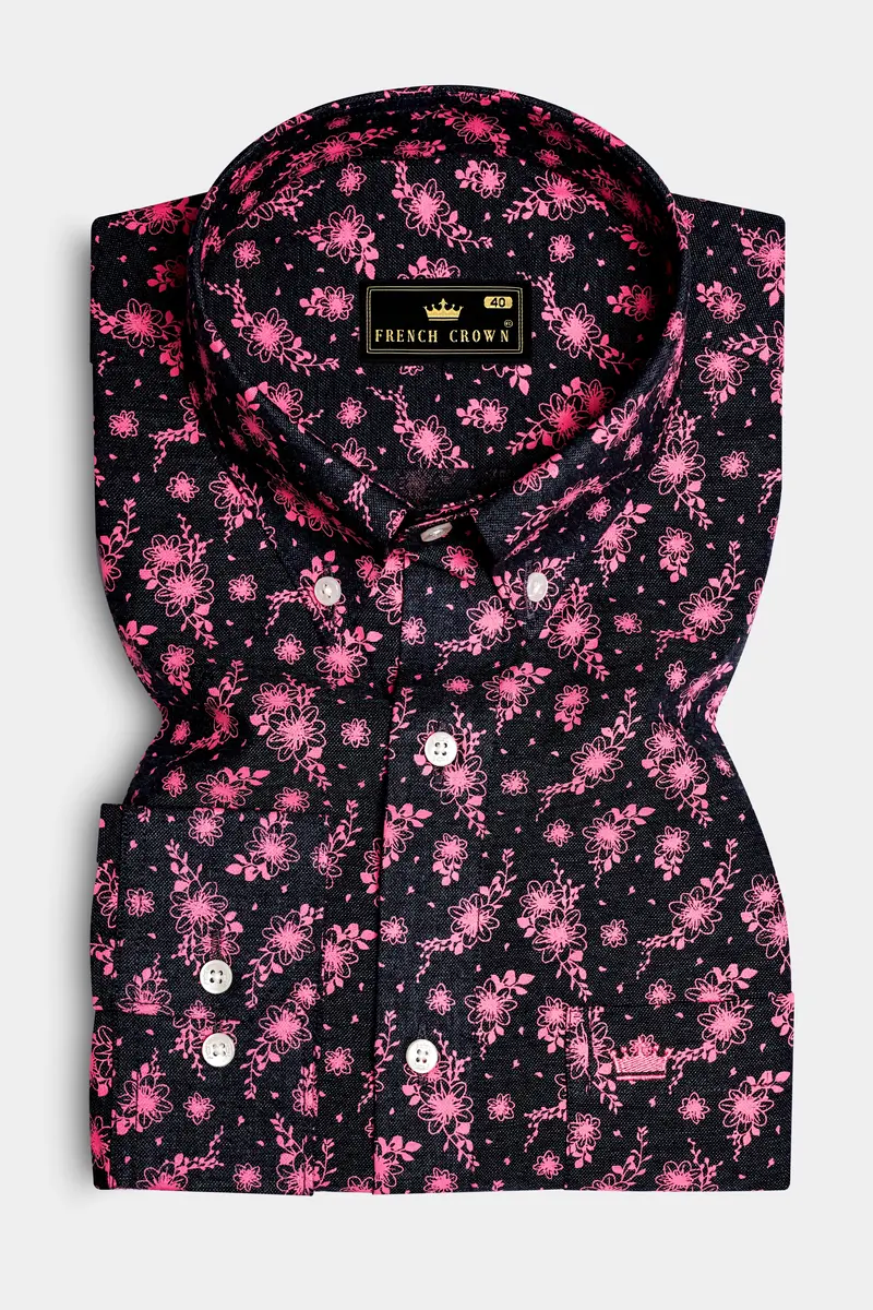 Shadow Petals-Jade Black And Carnation Pink Floral Printed Oxford Premium Cotton Casual Shirt 4