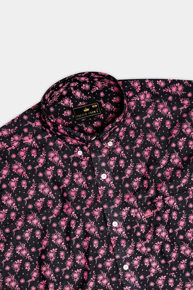 Shadow Petals-Jade Black And Carnation Pink Floral Printed Oxford Premium Cotton Casual Shirt 5