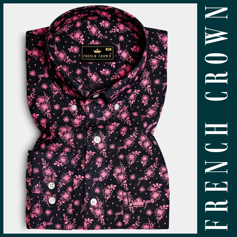 Shadow Petals-Jade Black And Carnation Pink Floral Printed Oxford Premium Cotton Casual Shirt 6