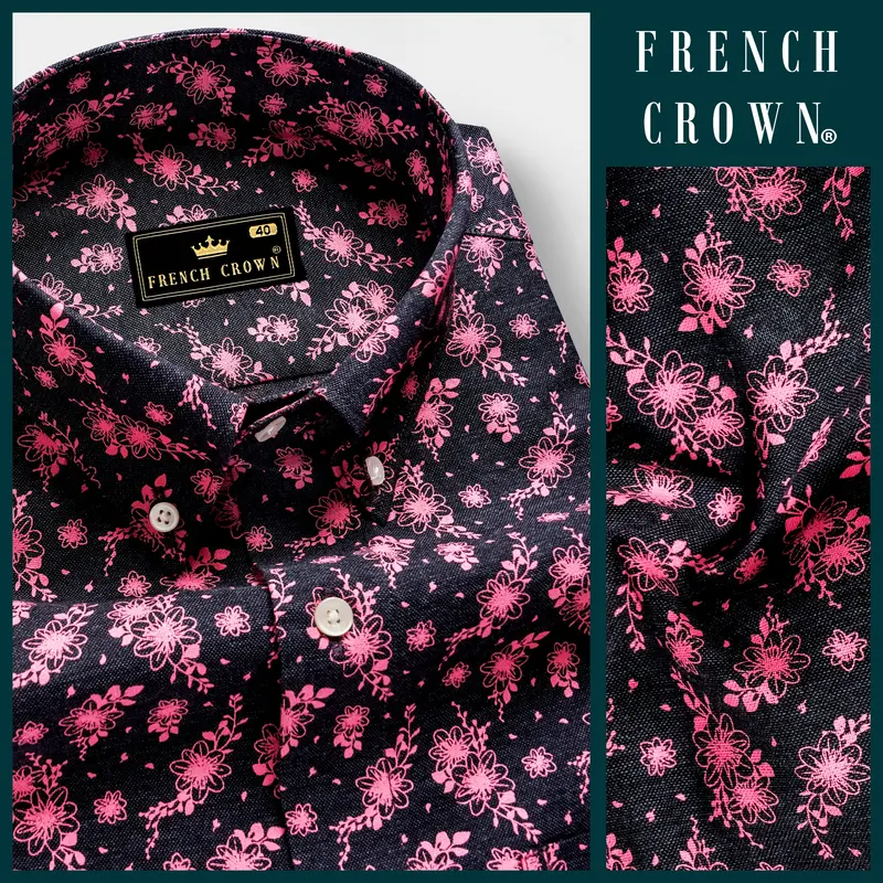 Shadow Petals-Jade Black And Carnation Pink Floral Printed Oxford Premium Cotton Casual Shirt 9