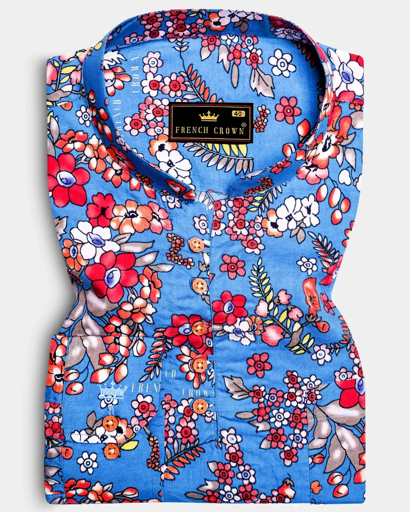 Shakespeare Blue Floral Printed Premium Cotton Kurta Shirt 1