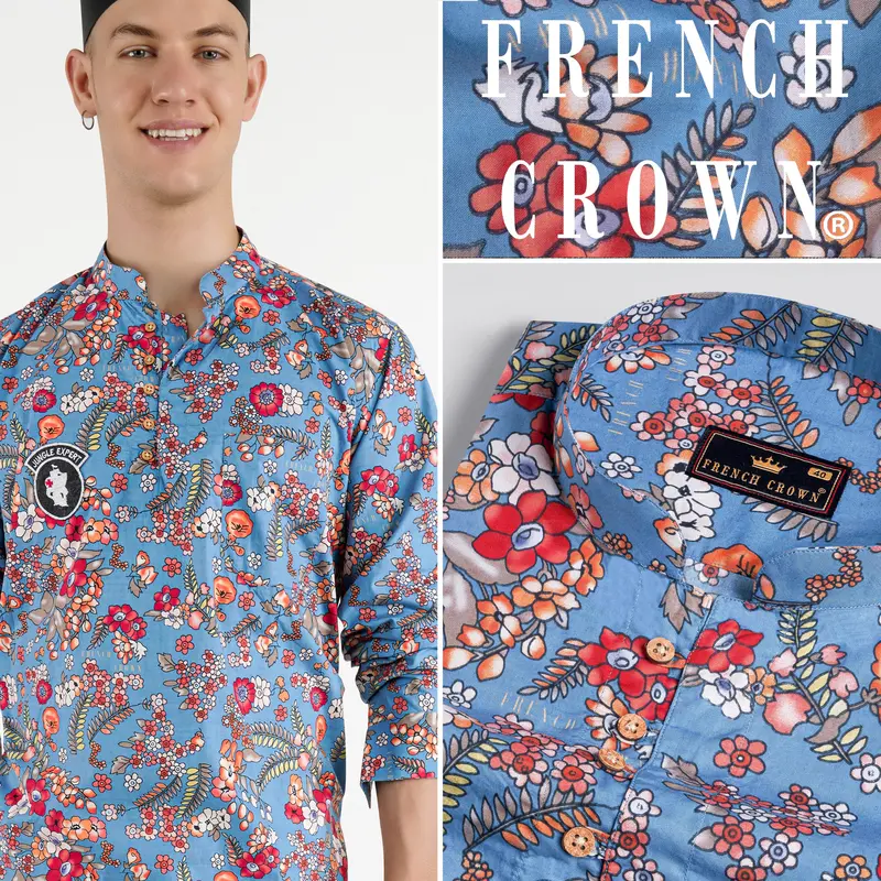 Shakespeare Blue Leaves Printed Patchwork Premium Cotton Designer Kurta Shirt 1