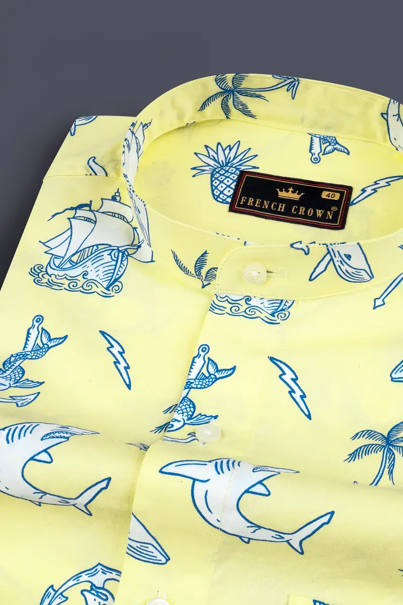 Shalimar Yellow Aqua Life Printed Twill Textured Premium Cotton Shirt 1