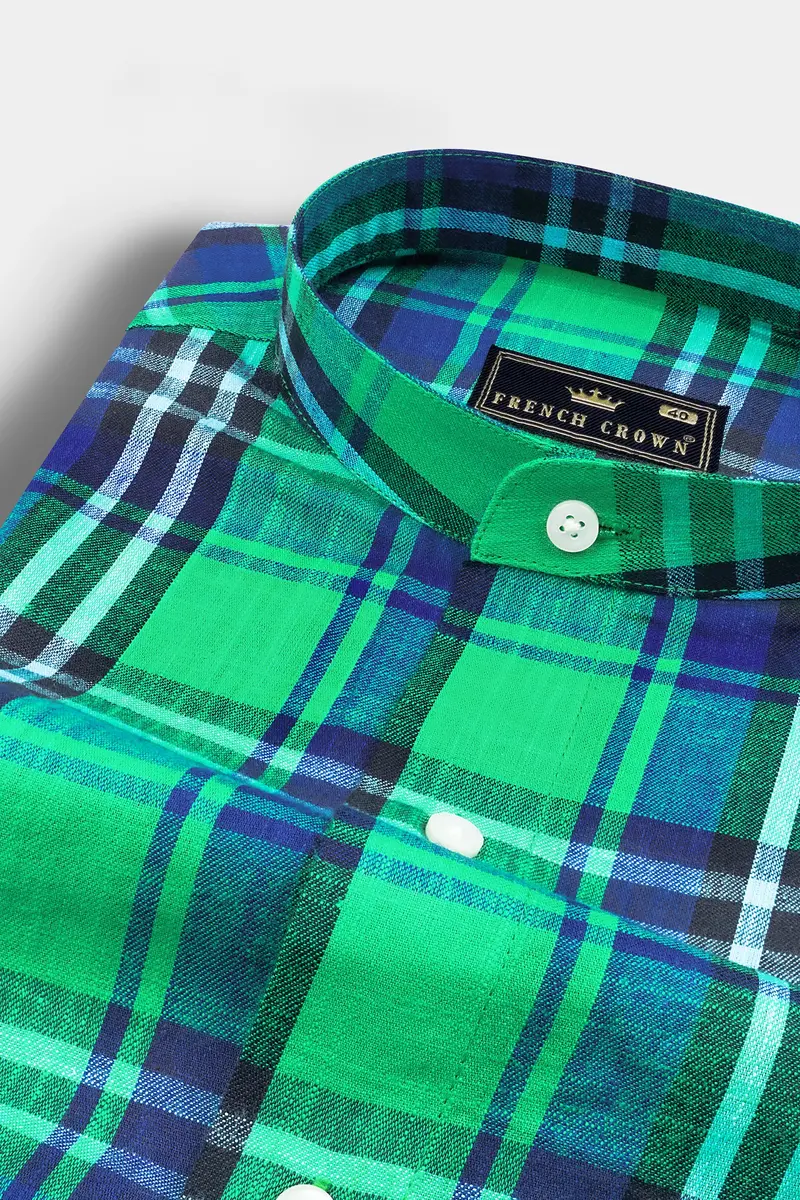 Shamrock Green With Victoria Blue Plaid Luxurious Linen Shirt 1