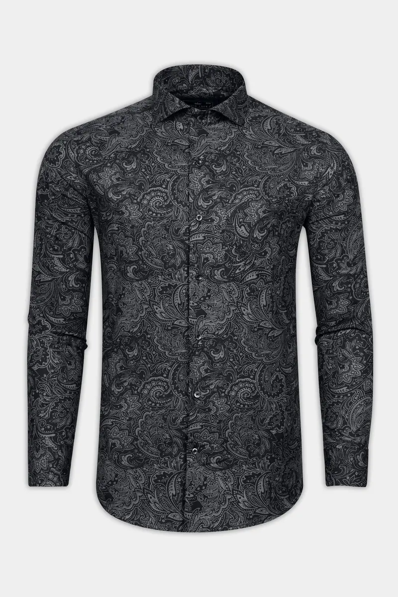 Shark Black Printed Lightweight Poplin Giza Cotton Shirt 4