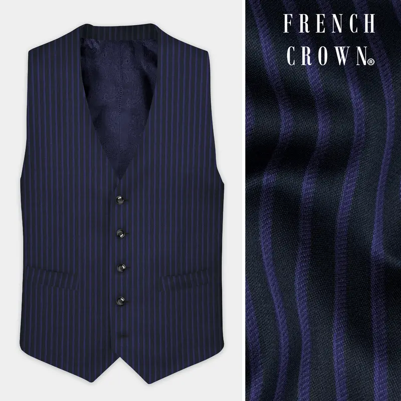 Shark Black With Blue Striped Wool Blend Waistcoat 1