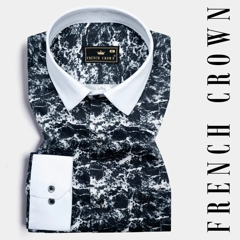 Shark Blue And White Marble Printed Subtle Sheen Super Soft Premium Cotton Shirt 1