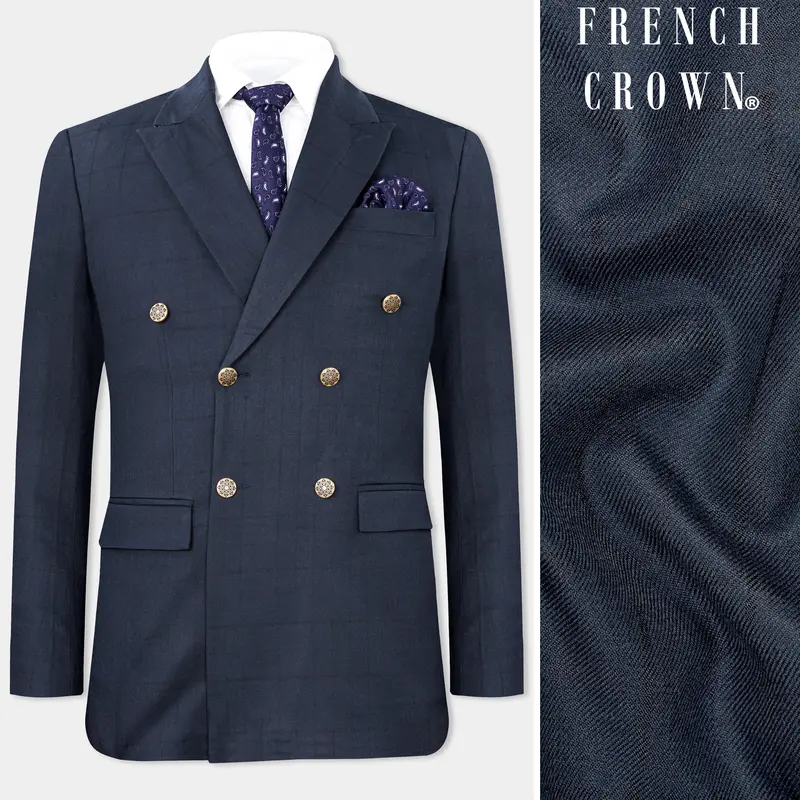 Shark Blue Subtle Windowpane Double-Breasted Blazer 1