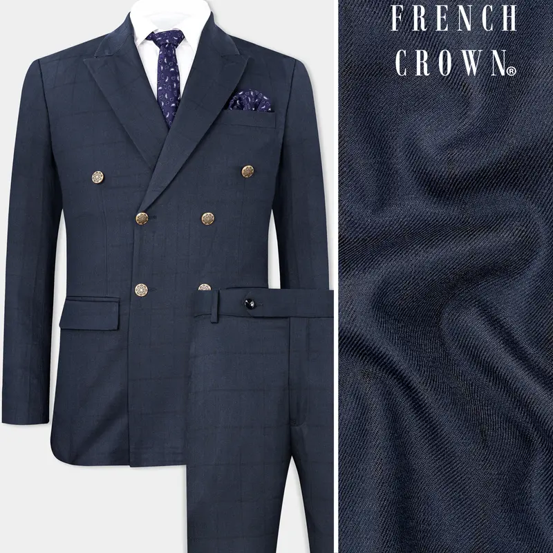 Shark Blue Subtle Windowpane Double Breasted Suit 1