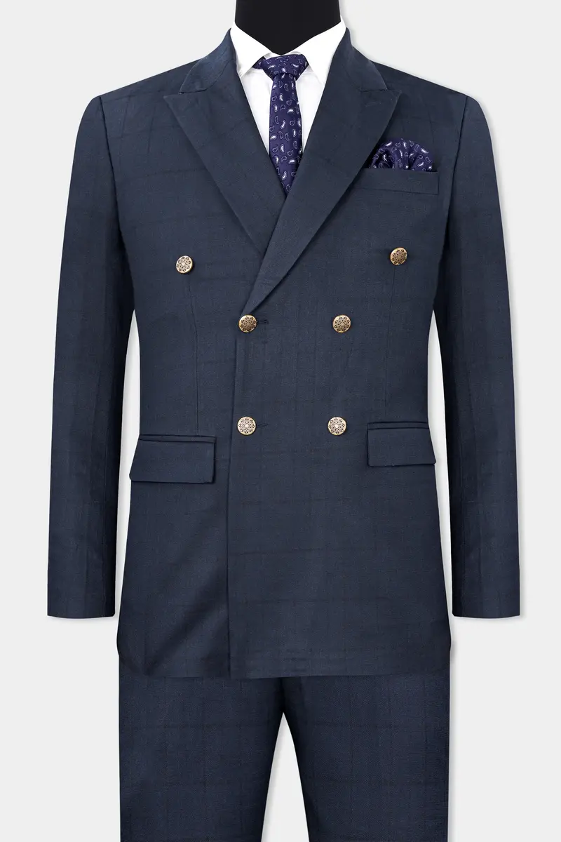 Shark Blue Subtle Windowpane Double Breasted Suit 4