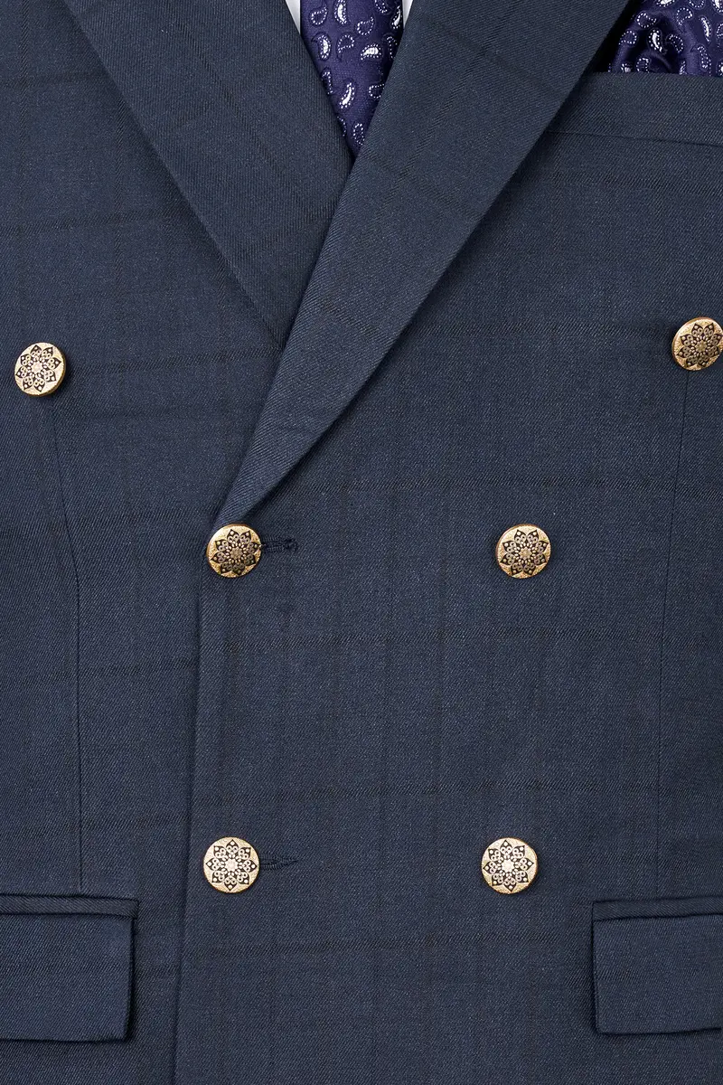 Shark Blue Subtle Windowpane Double Breasted Suit 7