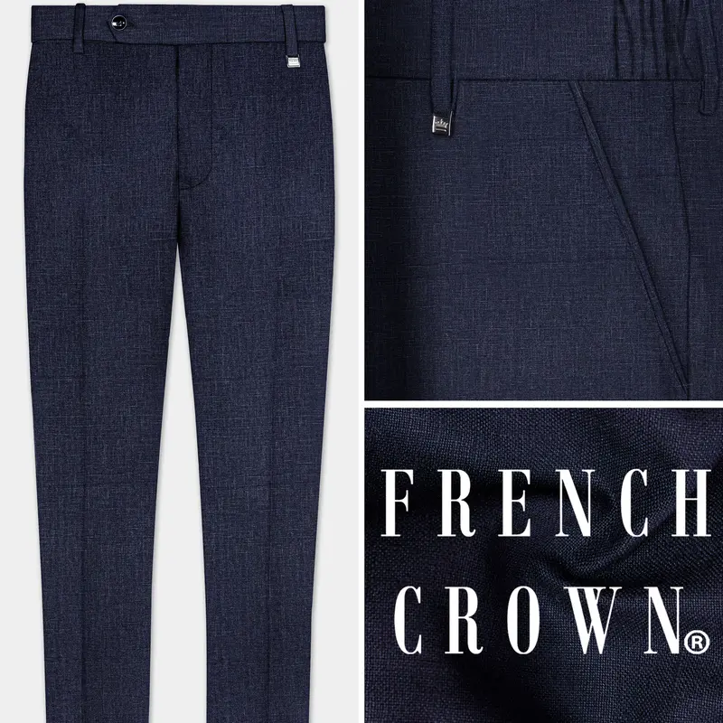 Shark Blue Textured Luxurious Linen Stretchable Waistband Pant 1