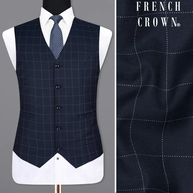 Shark Blue Windowpane Wool Rich Waistcoat 1