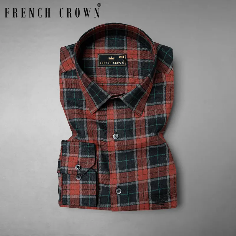 Shark Gray With Ironstone Brown Twill Plaid Premium Cotton Shirt 7