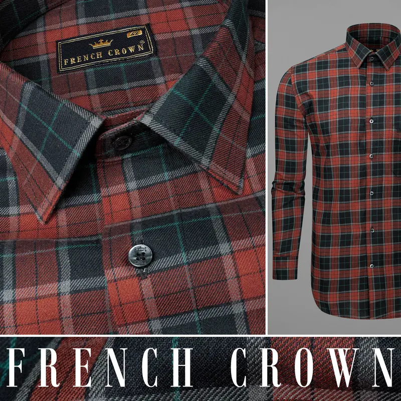 Shark Gray With Ironstone Brown Twill Plaid Premium Cotton Shirt 9