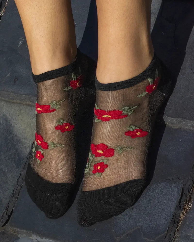 Sheer Ankle Red Flowers Black 1