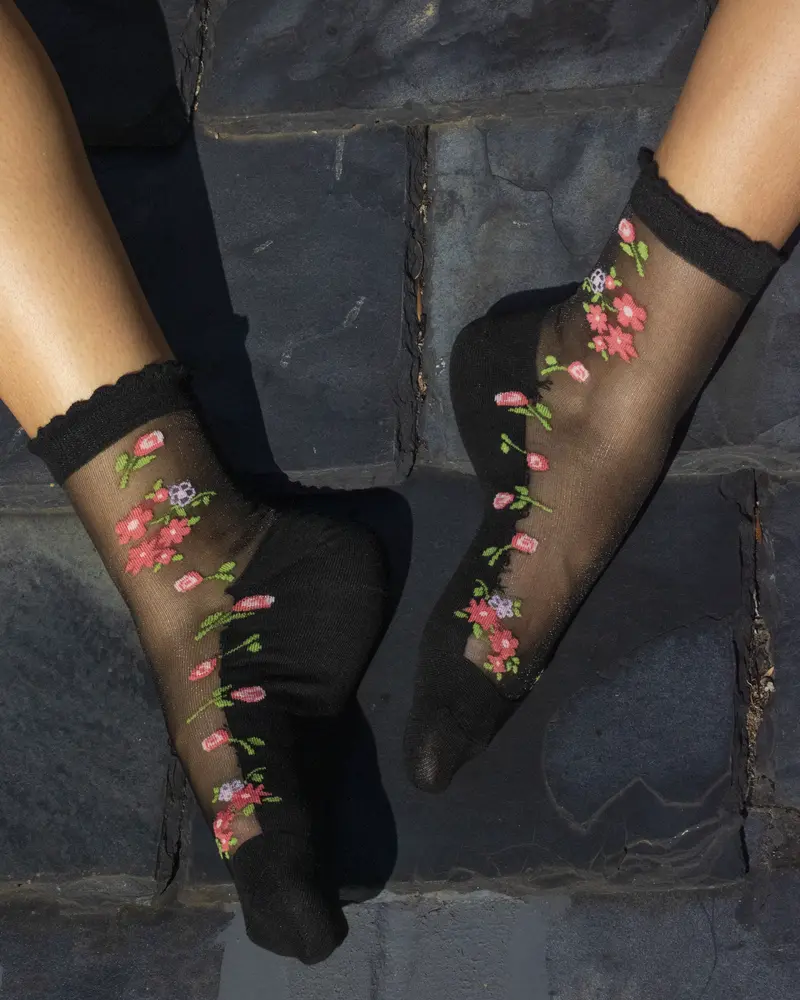 Sheer Floral Vine Little Pink White Flowers Black 1