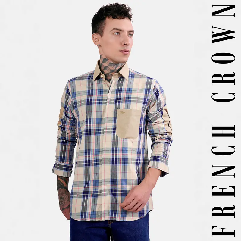 Shell Brown And Lapis Blue Twill Plaid Premium Cotton Designer Shirt 1