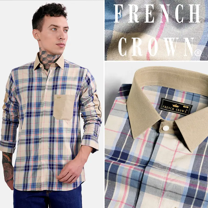 Shell Brown And Lapis Blue Twill Plaid Premium Cotton Designer Shirt 11