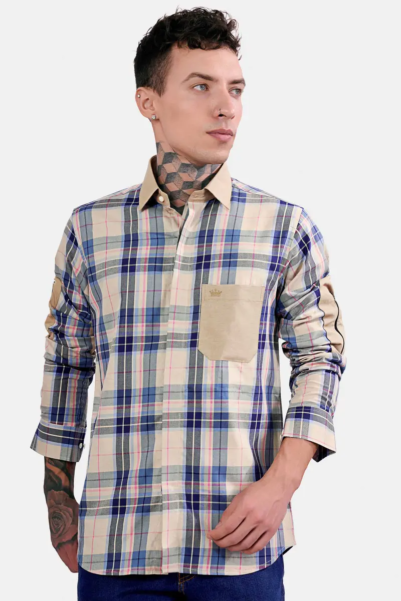 Shell Brown And Lapis Blue Twill Plaid Premium Cotton Designer Shirt 2