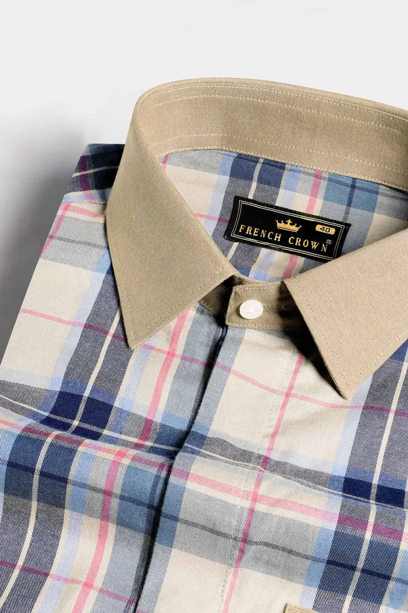 Shell Brown And Lapis Blue Twill Plaid Premium Cotton Designer Shirt 4