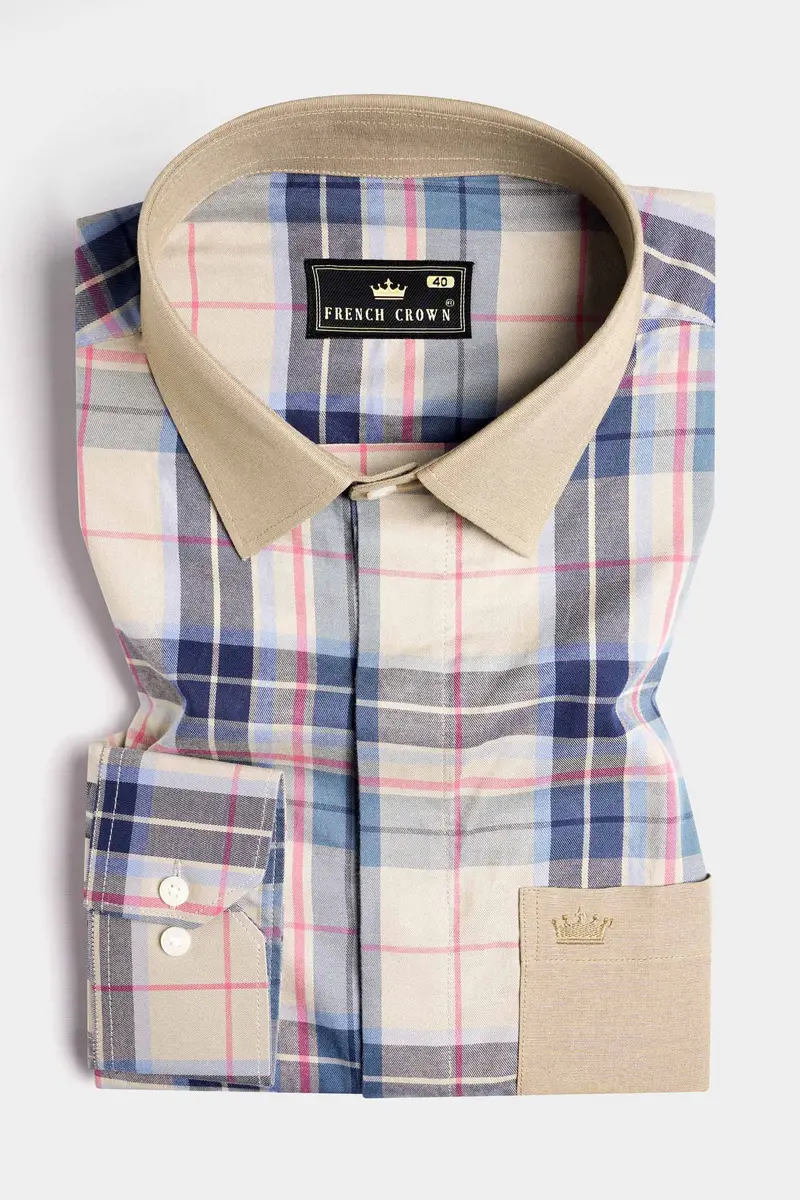 Shell Brown And Lapis Blue Twill Plaid Premium Cotton Designer Shirt 5