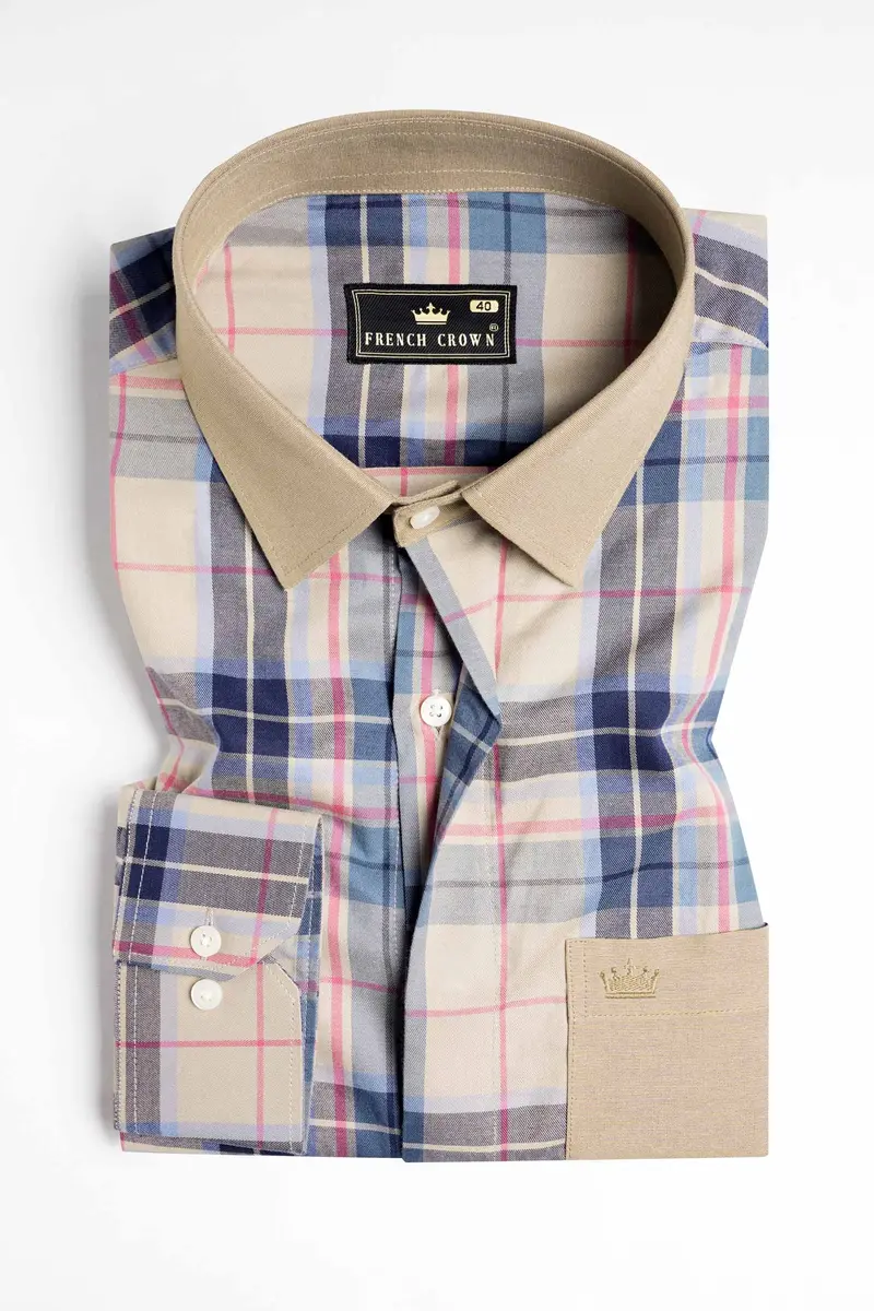 Shell Brown And Lapis Blue Twill Plaid Premium Cotton Designer Shirt 6