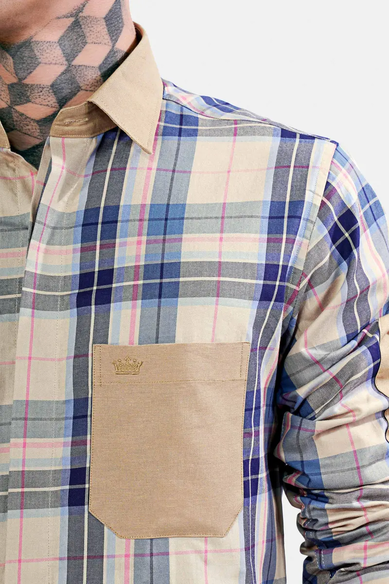 Shell Brown And Lapis Blue Twill Plaid Premium Cotton Designer Shirt 7