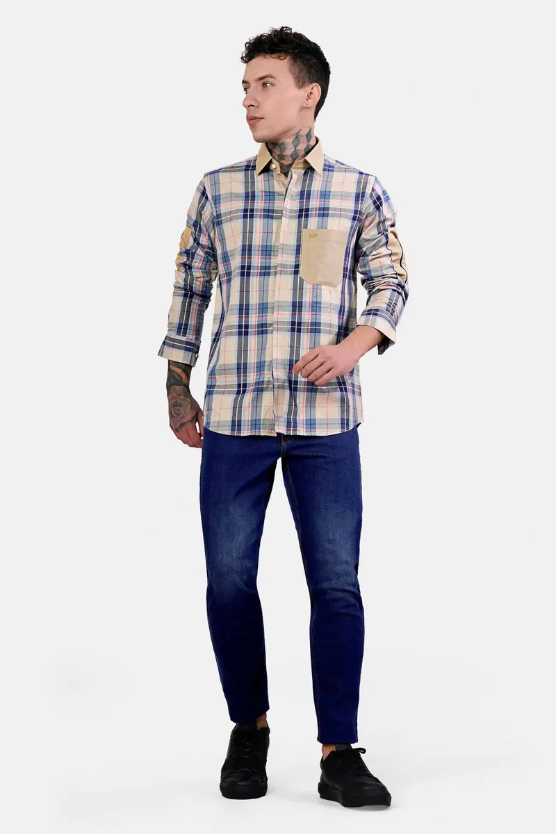 Shell Brown And Lapis Blue Twill Plaid Premium Cotton Designer Shirt 8