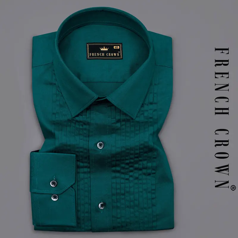 Sherpa Blue Subtle Sheen Snake Pleated Super Soft Premium Cotton Tuxedo Shirt 1