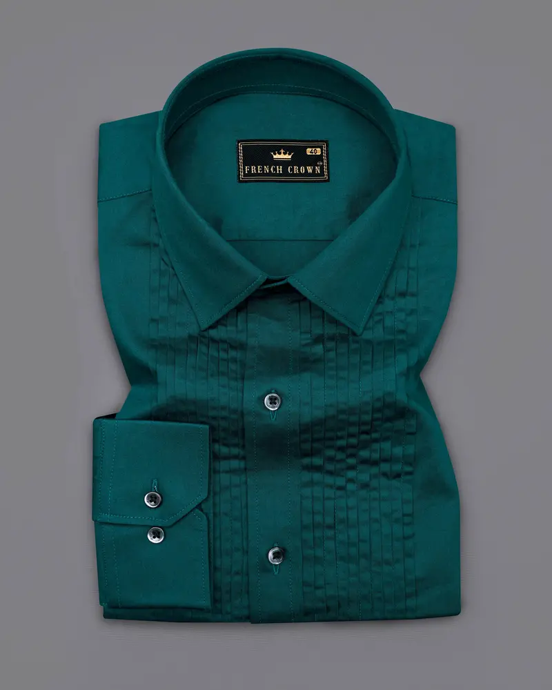Sherpa Blue Subtle Sheen Snake Pleated Super Soft Premium Cotton Tuxedo Shirt 2