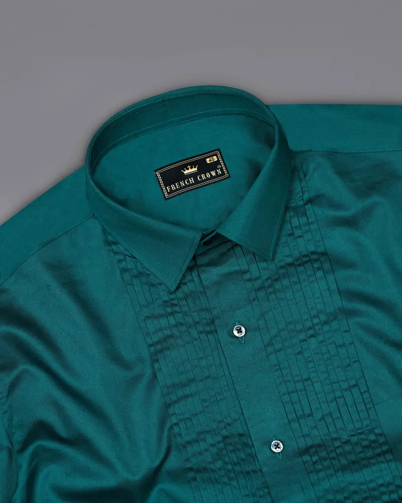 Sherpa Blue Subtle Sheen Snake Pleated Super Soft Premium Cotton Tuxedo Shirt 5