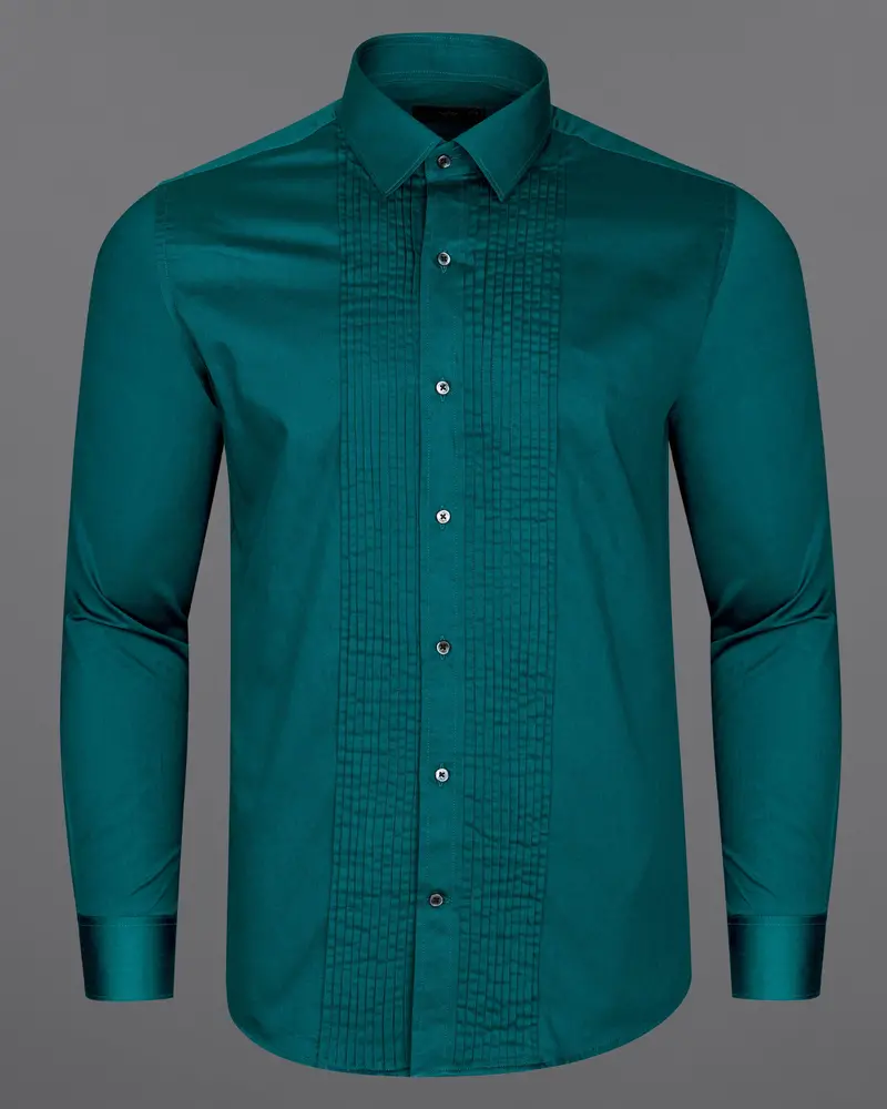 Sherpa Blue Subtle Sheen Snake Pleated Super Soft Premium Cotton Tuxedo Shirt 6