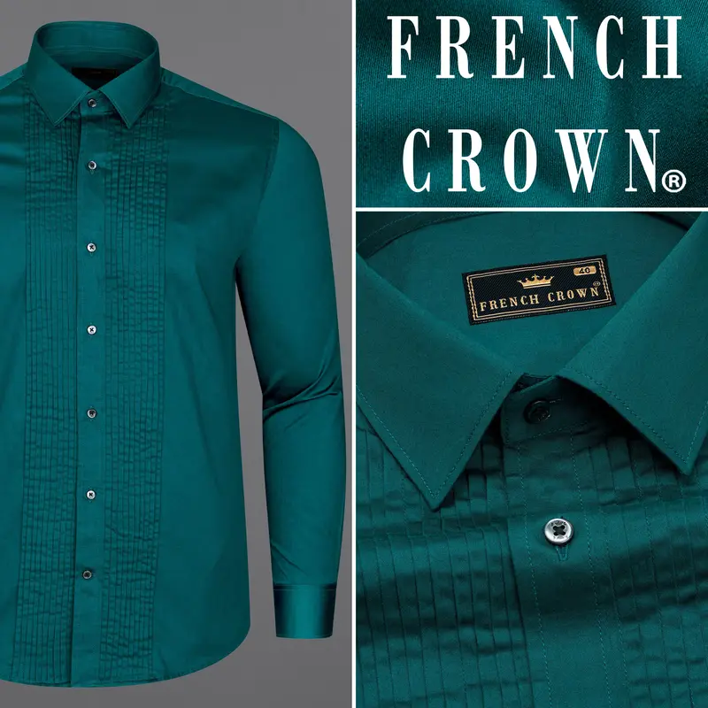 Sherpa Blue Subtle Sheen Snake Pleated Super Soft Premium Cotton Tuxedo Shirt 9