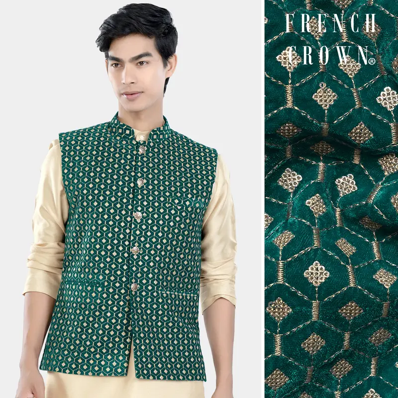 Sherpa Green And Givry Cream Hexagon Sequin And Thread Embroidered Designer Nehru Jacket 1