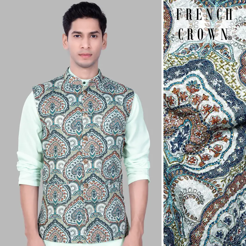 Shiraz Blue And Hippie Red Multicolour Embroidered Nehru Jacket 1