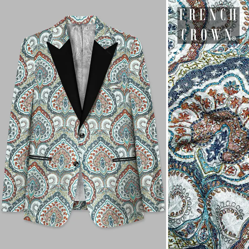 Shiraz Blue And Hippie Red Multicolour Embroidered Peak Lapel Tuxedo Blazer 1