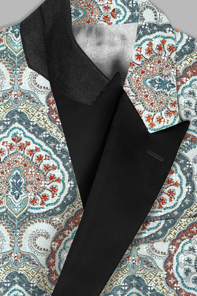 Shiraz Blue And Hippie Red Multicolour Embroidered Peak Lapel Tuxedo Blazer 4